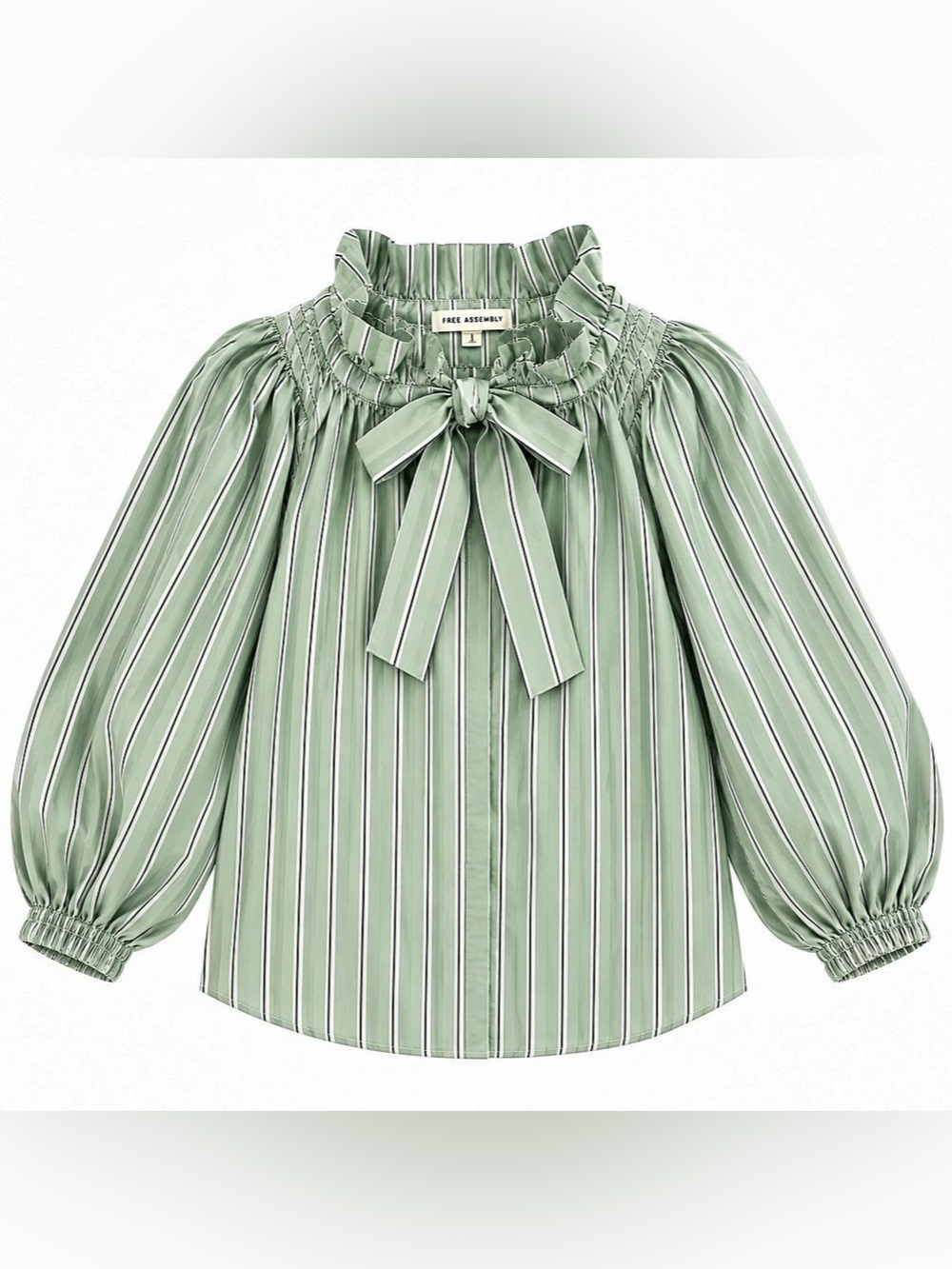 Free Assembly Ruffle Neck Tie Front Blouse Green & White Large NWT